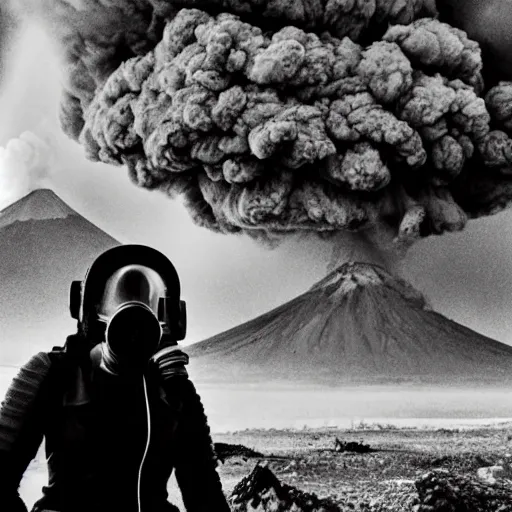 Prompt: A high armored woman with a gasmask standing in front of an erupting volcano, professional photography, black and white, cinematic, eerie