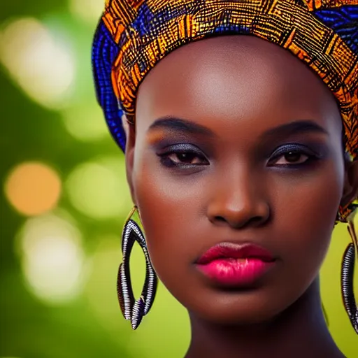 Prompt: african fashion model wearing tribal clothing close up heavy bokeh looking to lens