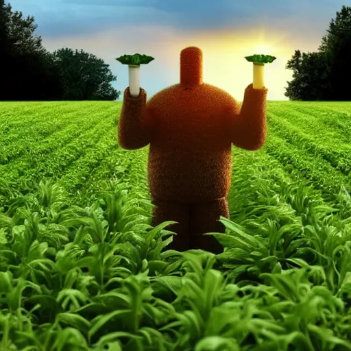 Prompt: a big giant made of vegetables standing in a field holding a large green candle above his head, photo realistic, realistic lighting, realistic reflections