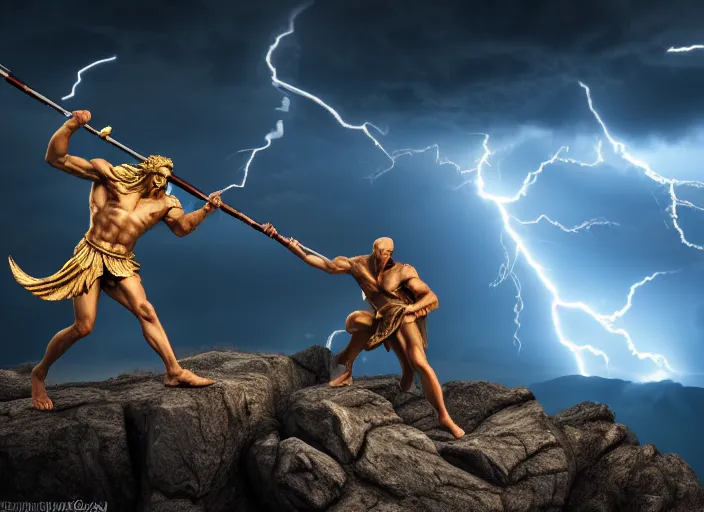 Image similar to zeus fighting chronos with a spear of lightning at the top of mount olympus. mythology style. highly detailed 8 k. intricate. lifelike. soft light. sony a 7 r iv 5 5 mm. [ cinematic post - processing ].