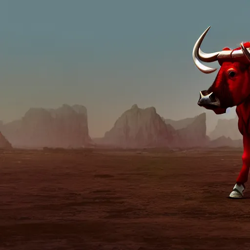 Prompt: a water buffalo wearing red white and blue full body armor octane render, 8 k resolution high detail, in the style of syd mead