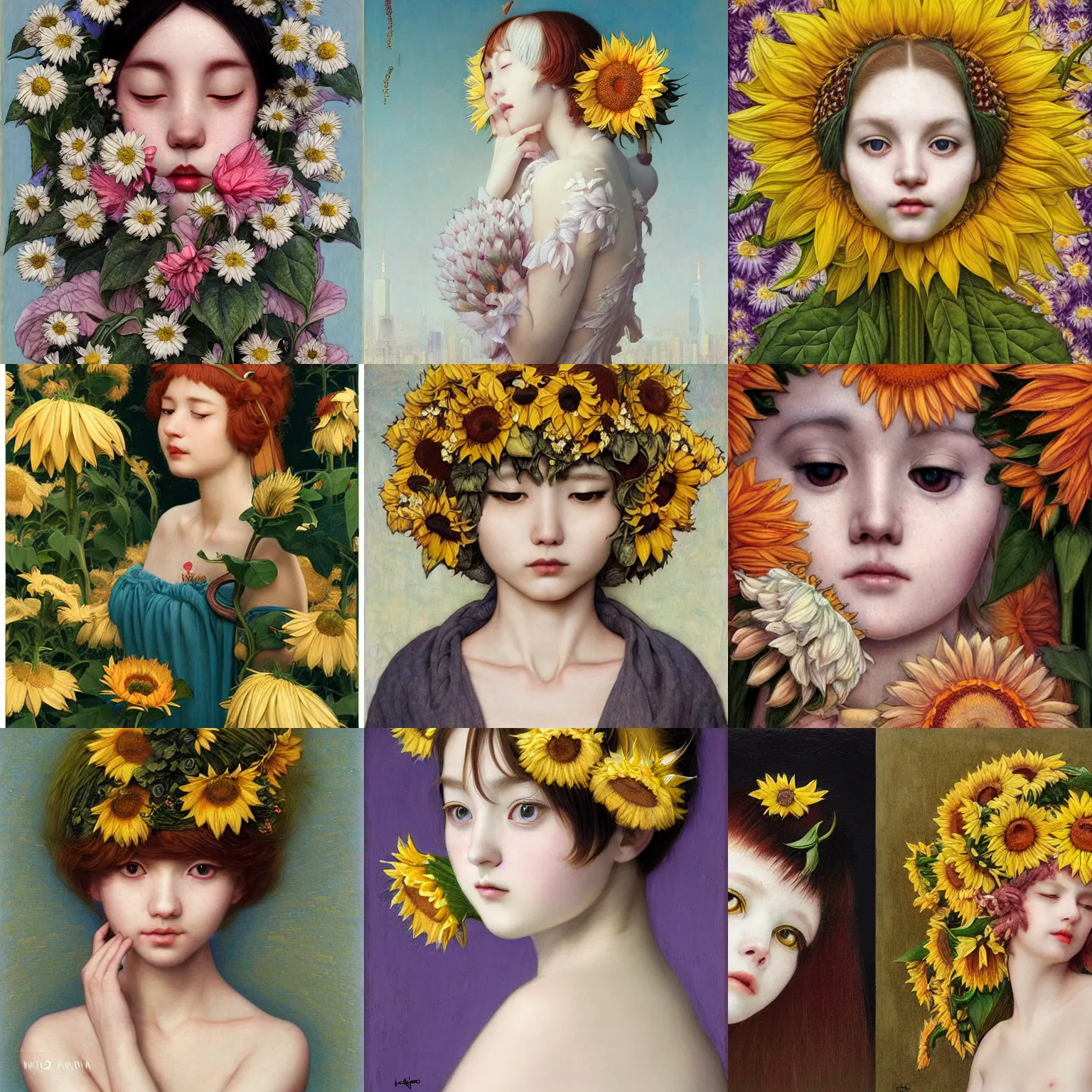 Image similar to white cat girl, botanical, sunflower, portrait face, colorful, frantisek kupka, intricate, miles johnston, kuroda seiki, cynical realism, ozabu, john william godward, painterly, yoshitaka amano, moebius, miles johnston, louise zhang, james jean, mark ryden lowbrow pop surrealism art style