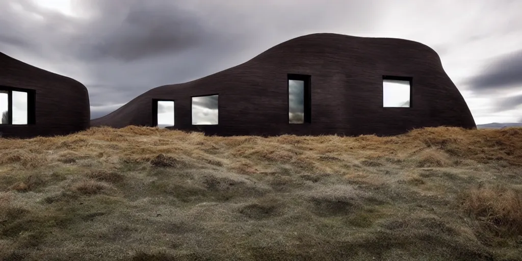 Image similar to futuristic architect house made from deconstucted burnt wood and mirrors, floating, portal, refraction, iceland landscape photography, by lurie belegurschi and gunnar freyr