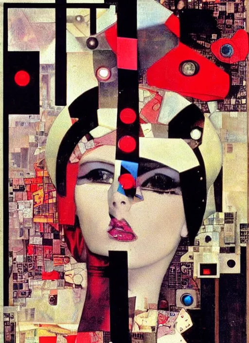 Image similar to cute punk goth fashion fractal alien martian young Debbie Harry wearing kimono made of circuits and leds, surreal Dada collage by Man Ray Kurt Schwitters Hannah Höch Alphonse Mucha, red and black