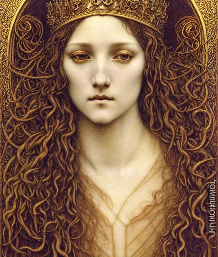 Image similar to detailed realistic beautiful young medieval queen face portrait by jean delville, gustave dore and marco mazzoni, art nouveau, symbolist, visionary, gothic, pre - raphaelite. horizontal symmetry