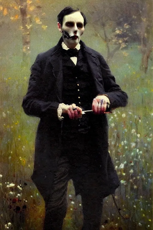 Image similar to impressionist brushstrokes!!!! beeple and richard schmid and jeremy lipking victorian loose genre loose painting full length portrait painting of a victorian male vampire