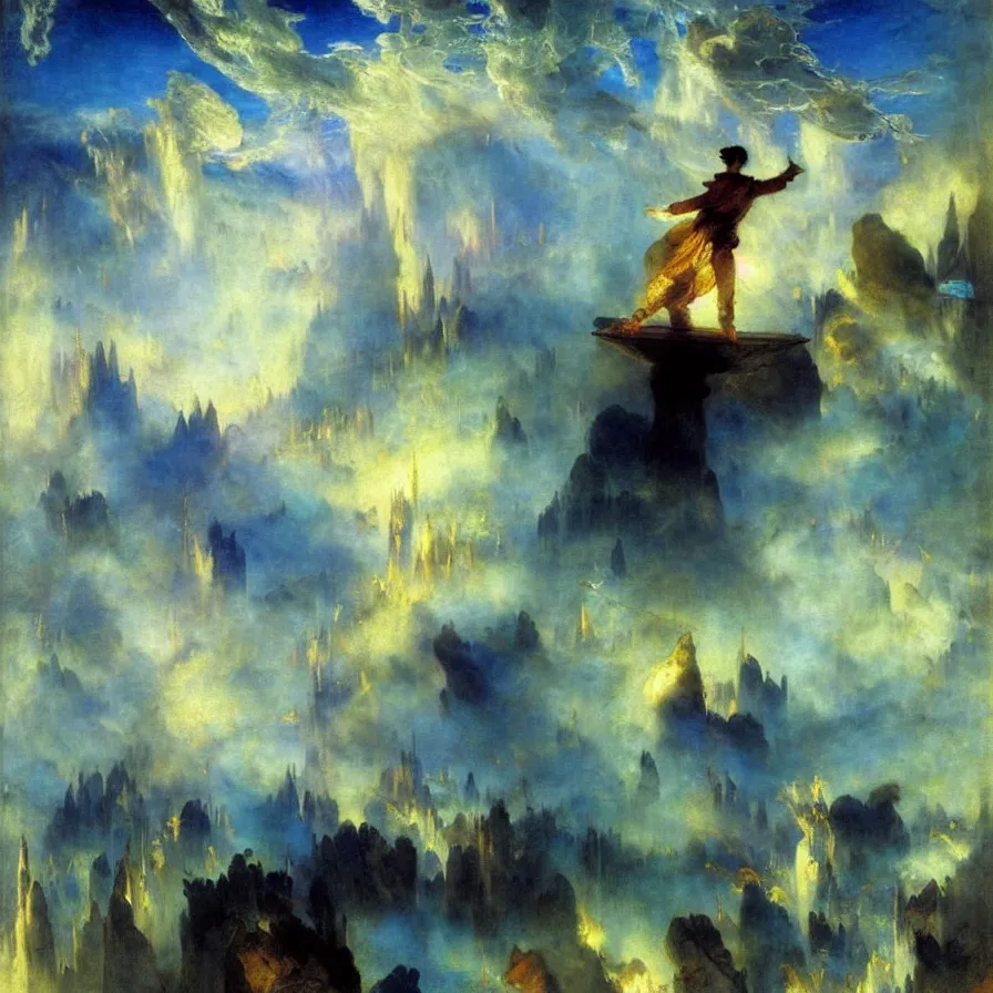 Prompt: tightrope artist ( funambule ) walking among the clouds above a city of mirrors. painted by thomas moran. blue and indigo color scheme.