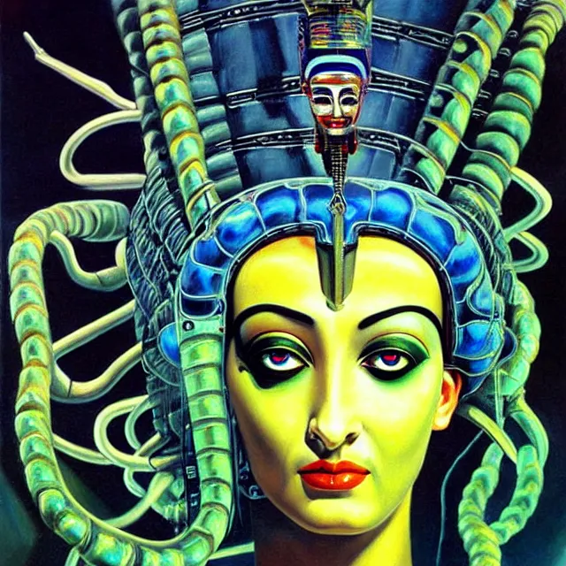 Image similar to a beautiful painting cyberpunk robot queen of egypt medusa face, by salvador dali realistic oil painting