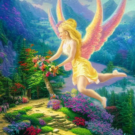 Prompt: an angel on top of a mountain in a colorful fantasy forest, by Thomas Kinkade, well detailed n- 3