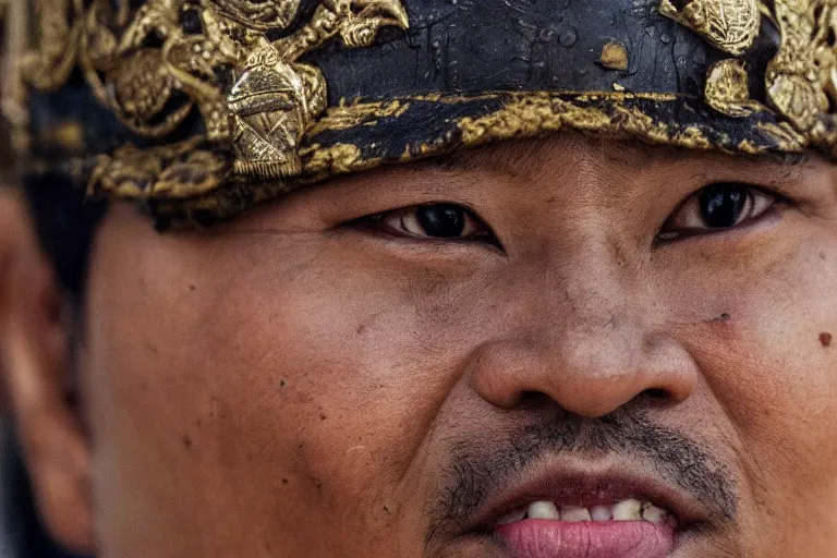 Image similar to close - up photo of smart khmer warlord in a battle scene, detailed eyes, shallow depth of field, photorealistic, cinematic lighting, lovely bokeh, warm colours, dusk