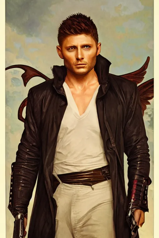 Prompt: a detailed matte portrait of an jensen ackles dressed as the vampire angel from buffy the vampire slayer, masterpiece, 8 k, art by alphonse mucha and greg rutkowski