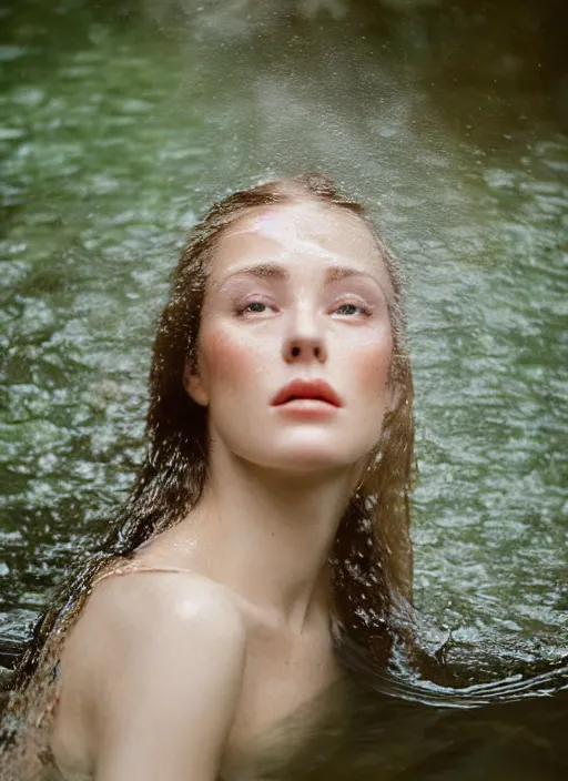 Image similar to Kodak Portra 400, 8K, soft light, volumetric lighting, highly detailed, britt marling style 3/4 ,portrait photo Close-up portrait photography of a beautiful woman how pre-Raphaelites, the face emerges from a pond surrounded by lily pads, thermal waters flowing down white travertine terraces, inspired by Ophelia paint ,and hair are intricate with highly detailed realistic beautiful flowers , Realistic, Refined, Highly Detailed, interstellar outdoor soft pastel lighting colors scheme, outdoor fine art photography, Hyper realistic, photo realistic