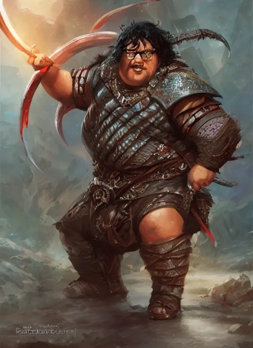 Prompt: chubby male with black wavy hair and glasses warrior, dndbeyond, bright, colourful, realistic, dnd character portrait, full body, pathfinder, pinterest, art by ralph horsley, dnd, rpg, lotr game design fanart by concept art, behance hd, artstation, deviantart, hdr render in unreal engine 5