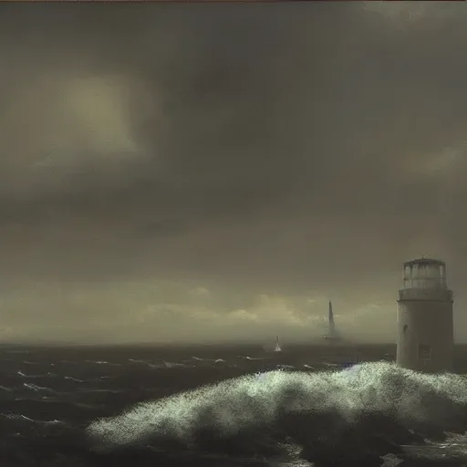 Image similar to a lighthouse on a lonely, stormy coast. the painting is characterized by its use of dark colors, its focus on the grotesque, and its overall feeling of gloominess. the use of deep blacks, grays, and dark greens gives it a very dark, foreboding tone. gothic elements provide an eerie, otherworldly quality.