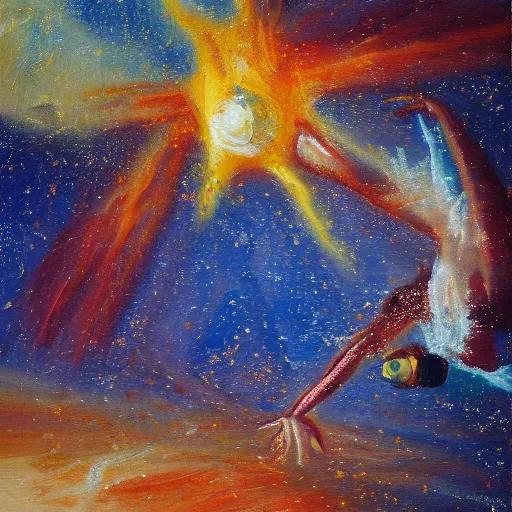 Prompt: An expressive oil painting of a swimmer diving into, depicted as an explosion of a nebula