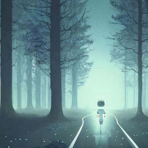 Image similar to Beautiful cinematic scene of a robot walking alongside an empty road surrounded by trees, at night, soft lighting, peaceful, science fiction, award-winning, cinematic lighting, insanely detailed, very realistic, Artstation, Cgsociety, by Simon Stalenhag, directed by Denis Villeneuve, filmic