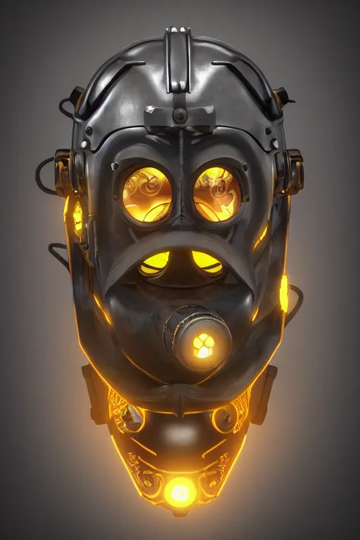 Image similar to steampunk mask minimalist fantasy art robot ninja helmet, global illumination ray tracing hdr fanart arstation by sung choi and eric pfeiffer and gabriel garza and casper konefal radiating a glowing aura