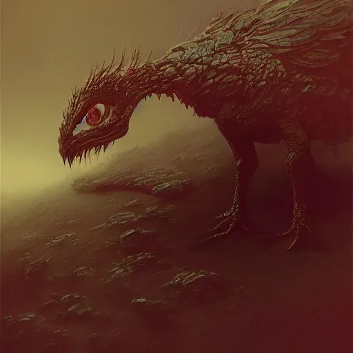 Prompt: cockatrice concept art, beksinski, wayne barlowe, adrian smith concept art, ruan jia, weta workshop the hobbit, trending on artstation, dark soul concept art