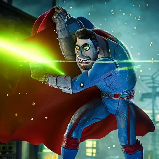 Image similar to pickle rick as superman! flying in ( gears of war ), splash art, movie still, detailed face, photorealistic facial features, cinematic lighting, dramatic, octane render, long lens, shallow depth of field, bokeh, anamorphic lens flare, 8 k, hyper detailed, 3 5 mm film grain