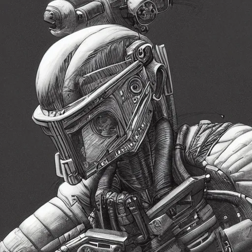 Prompt: a beautiful portrait of a space bounty hunter by Bernie Wrightson trending on Artstation