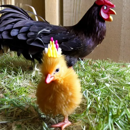 Prompt: a light downed baby chick is standing beside a rooster and a tiny birthday cake