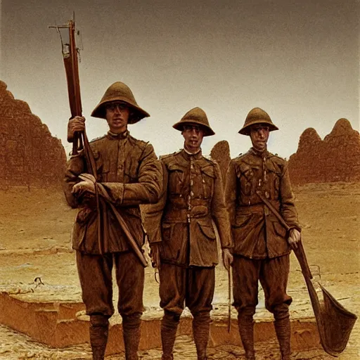 Image similar to ultra detailed photorealistic sepia - toned painting from 1 9 1 7, three british soldiers standing at an archaeological dig site in wadi rum, ultra realistic, painted, intricate details, lovecraft, atmospheric, dark, horror, brooding, highly detailed, by angus mcbride