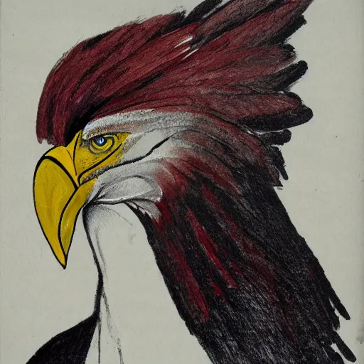 Image similar to human / eagle hybrid with one big beak, drawn by francis bacon