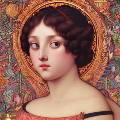 Image similar to hyperrealistic detailed portrait of an e - girl. egirl, art by ernst haeckel, john william godward, hammershøi, alphons mucha, pontormo, ornamental, decorative, art nouveau pattern, lights by hopper, pastel colours,