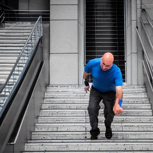 Prompt: dr phil falling down stairs ( sony a 7 r iv, symmetric balance, polarizing filter, photolab, lightroom, 4 k, dolby vision, photography awardm, voque, perfect face )