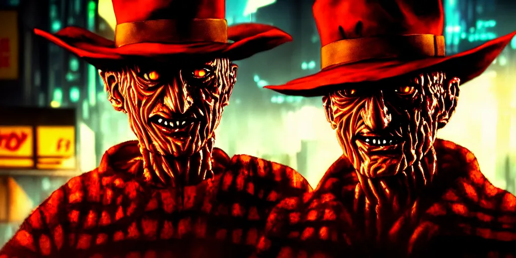 Image similar to a portrait of freddy krueger in a cyberpunk city, pixar, dramatic lighting