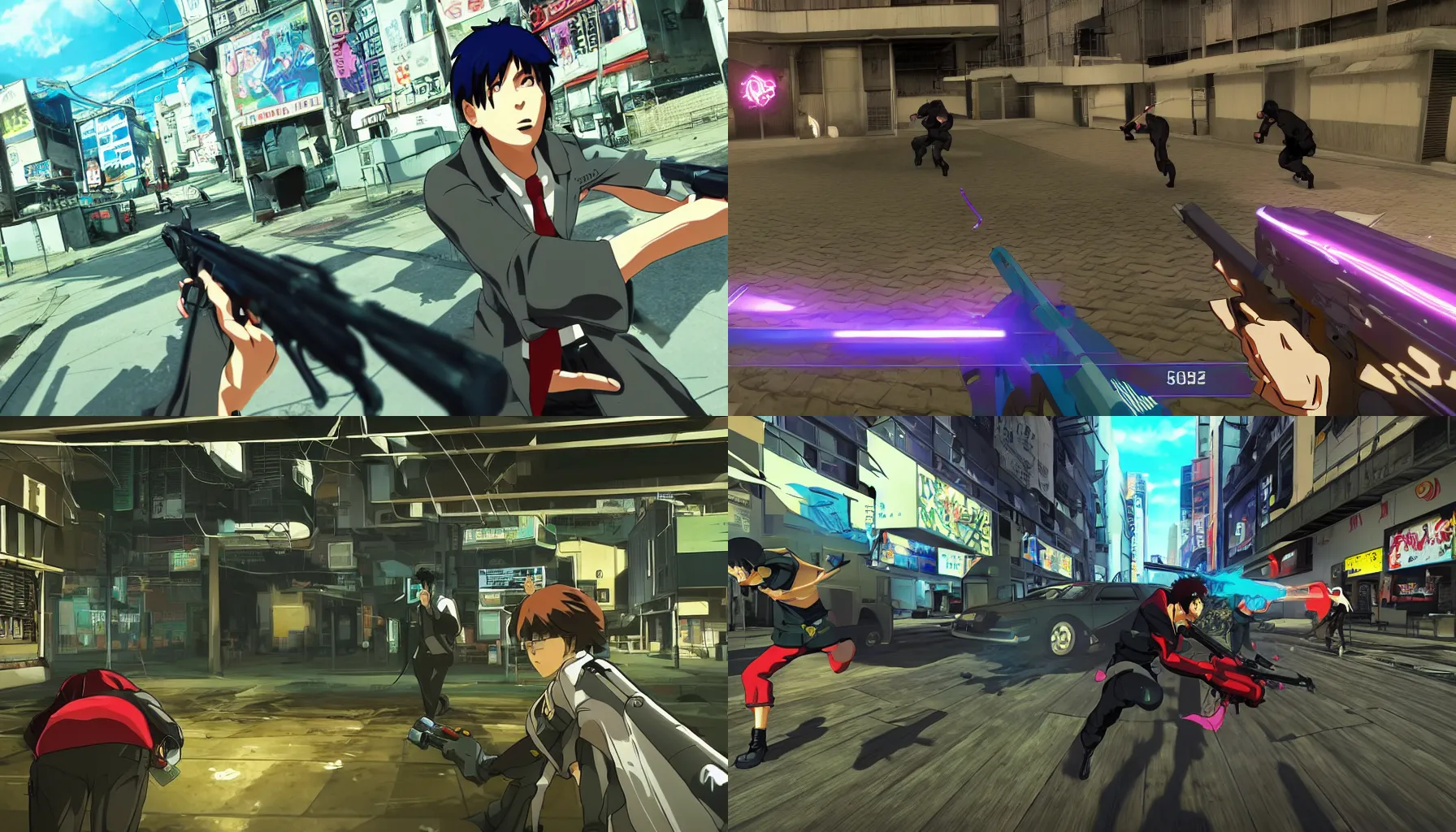 Prompt: a action packed screenshot of a multiplayer first person perspective bank robbery simulator game, Set in 1980, anime style graphics inspired by Ghost in the shell, PS2 , Highly Detailed, Vibrant, created by Arc System Works + Hideo Kojima + Capcom