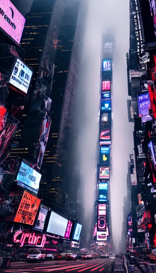 Image similar to 8k high resolution photograph of cyber punk New York Times Square on a foggy night, futuristic,