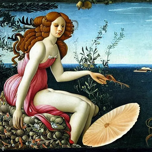 Prompt: an hyperrealistic mythological oil painting of venus with long curly brown hair, full body, wearing floral dress, sleeping in a giant scallop shell, near the seashore, intricate, elegant, renaissance style, by sandro botticelli -