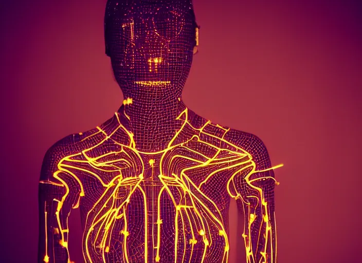Image similar to symmetry!! a 2 8 mm macro photograph of a beautiful cyborg covered in glowing circuits, photography, film, film grain, canon 5 0 mm, cinematic lighting
