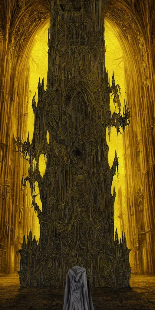 Image similar to a tall towering huge pale human wearing a yellow garment sitting upon an ornate stone throne, 4K, digital art, lovecraftian, lovecraft art, artstation, horror, dramatic, wearing a long yellow rotting garment, dark, hyperrealistic, dramatic perspective, complex (((dark))) cathedral background, dark background, highlights,