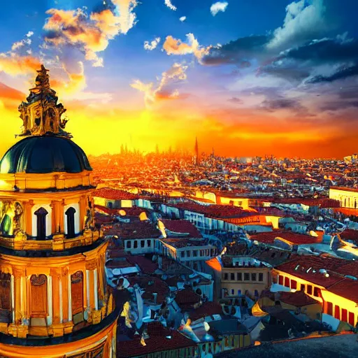 Prompt: the most beautiful sunset over baroque city, surreal, photorealistic, detailed