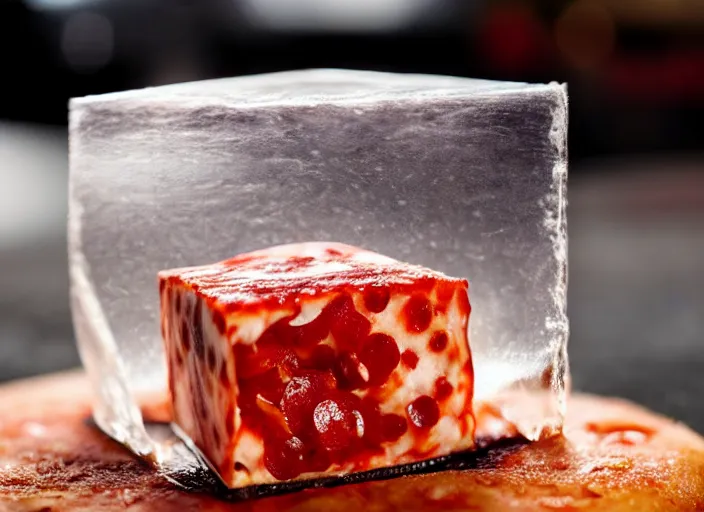 Prompt: clear highly detailed photorealistic food photograph of a big ice cube inside the cube a pizza with salami and pepperoni, the cube refracts the sunlight, volumetric