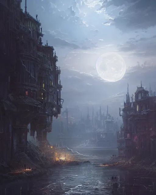 Image similar to a city moonrise landscape, realistic, environment art, fantasy art, landscape art, in the style of greg rutkowski, illustration, epic, fantasy, intricate, hyper detailed, artstation, concept art, smooth, sharp focus, ray tracing