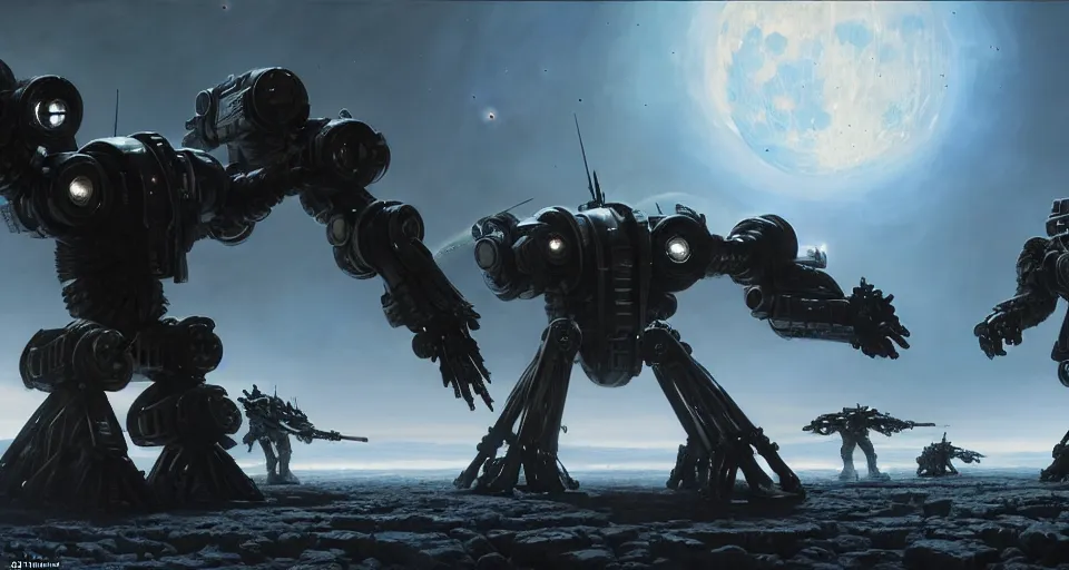 Prompt: hyper realistic sci - fi matte concept art painting of dramatic cinematic battle scene between humanoid battlemechs fighting on the moon, guns, missiles, explosions, beautiful details, strong composition painted by kim jung guweta studio rutkowski, james gurney and greg rutkowski, and lucasfilm, smooth, intricate, detailed, sharp focus, cinematic