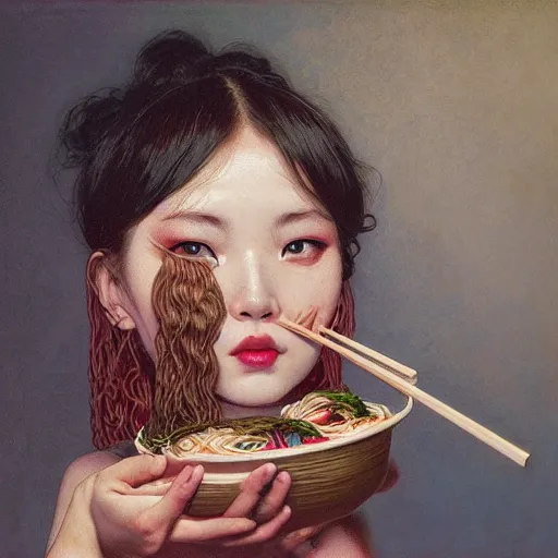 Image similar to girl eating ramen, portrait face, colorful, frantisek kupka, intricate, miles johnston, kuroda seiki, cynical realism, ozabu, john william godward, painterly, yoshitaka amano, moebius, miles johnston, louise zhang, james jean, mark ryden lowbrow pop surrealism art style