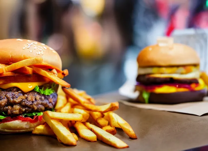 Prompt: dslr food photograph of a double cheeseburger and fries, 8 5 mm f 1. 8