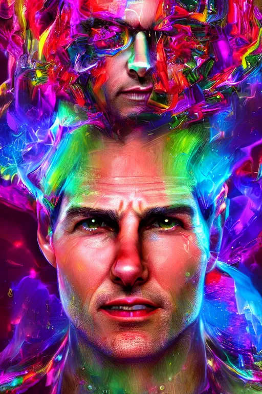 Image similar to a hyperdimensional jester, tom cruise, neon rainbow quartz, gemstone, 4k detailed hyperrealistic digital photo by Andy Thomas, Mario Martinez, Daniel Mirante, Gustave Dore, Artstation, CGsociety