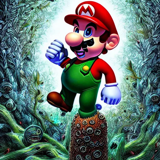 Prompt: a realistic portrait of super mario surrounded by mushrooms by android jones