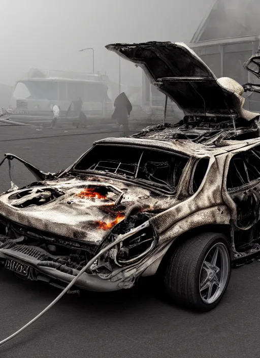 Prompt: a big woman intertwined axolotl in burning wrecked mercedes 1 2 4, ultrafine hyperdetailed illustration by kim jung gi, masterpiece. rendered in blender, ultra realistic, smooth shadows, ultra detail, high resolution, cinematic, unreal 6, 8 k