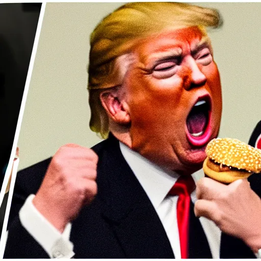 Prompt: Donald Trump screaming and finding out that the FBI is raiding Mar-a-lago, while eating a McDonalds burger