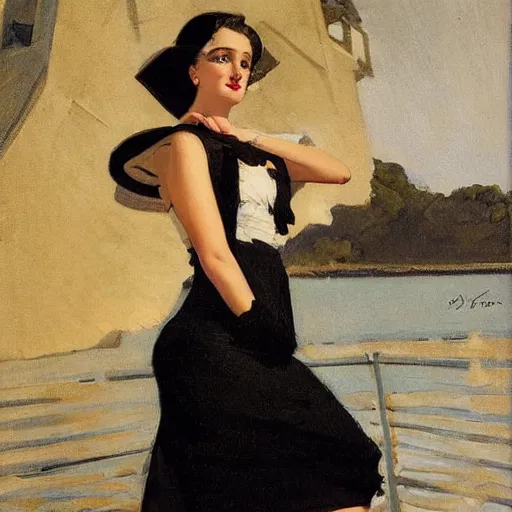 Image similar to woman on black dress, part leyendecker style, sea behind, pretty face, part dean cornwell style