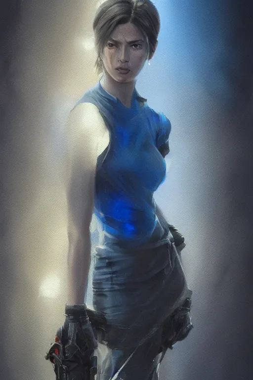 Image similar to A portrait of a women wearing a blue crystal pendant by Greg Rutkowski, Sung Choi, Mitchell Mohrhauser, Maciej Kuciara, Johnson Ting, Maxim Verehin, Peter Konig, Resident evil , 8k photorealistic, cinematic lighting, HD, high details, dramatic, atmospheric , trending on artstation