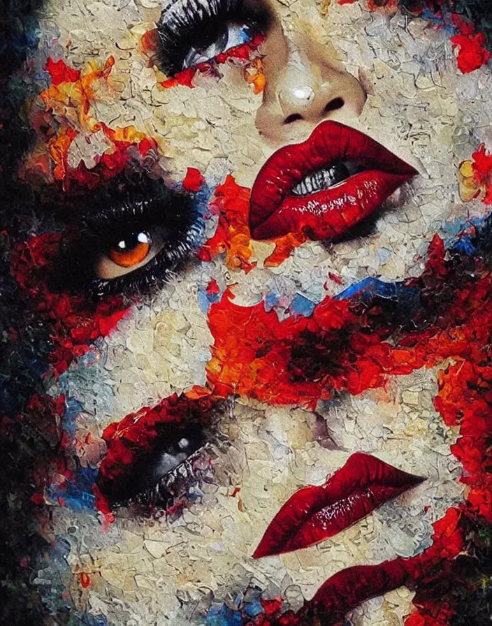 Prompt: passionate lips and burning eyes of our legendary youth detailed and highly reliefed analogue collage with canvas texture in style of conteporary art, punk art, dadaism, photorealistic, expressionism, masterpiece, perfect composition, light color difference, spectacular quality, intricate oil details