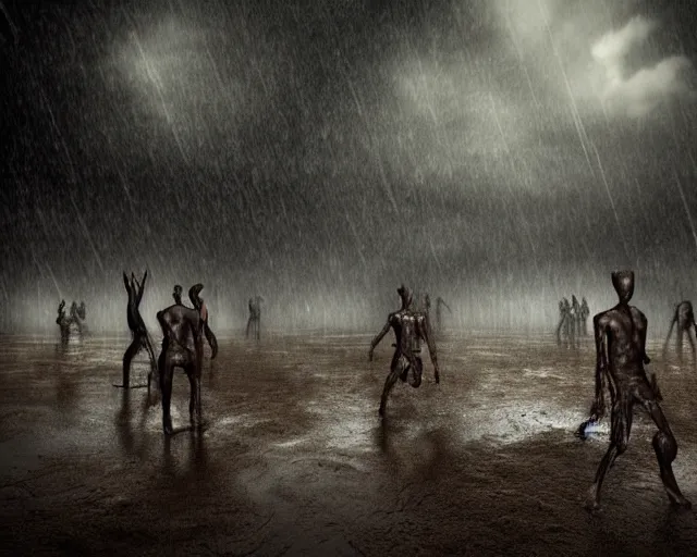 Prompt: gods of mud and clay emerge during a midnight rainstorm. realistic style, motion blur, ominous, disturbing.