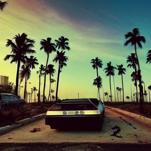 Prompt: car wide shot epic post apocalyptic landscape miami nuke fire craters end of the world miami beach sunset vapor wave palm trees 80s synth retrowave delorean decal